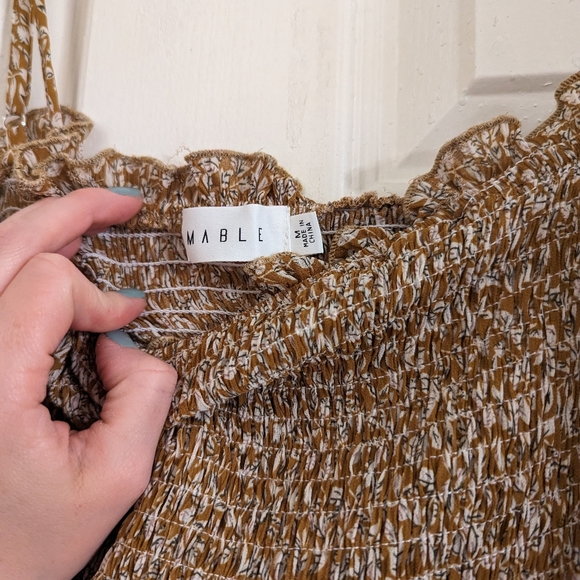 Mustard Leaf Print Smocked Fitted Maternity Midi Dress - Picture 2 of 2